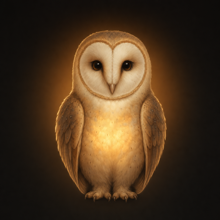 Alder, a warm barn-owl companion lit like a candle in the dark