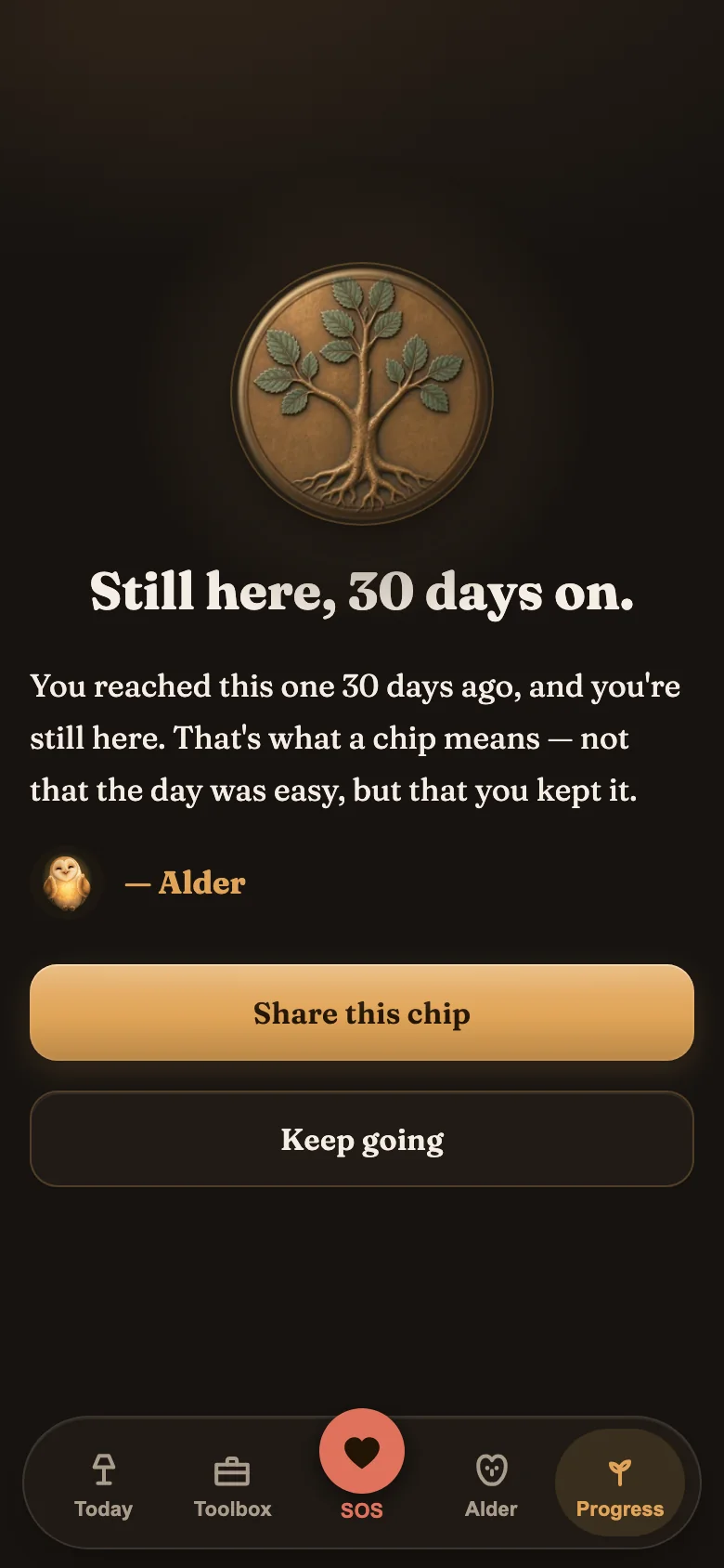 Alder's milestone screen: a bronze 60-day chip as the centerpiece, the heading "Still here, 30 days on", a short letter signed by Alder, and buttons to share the chip or keep going