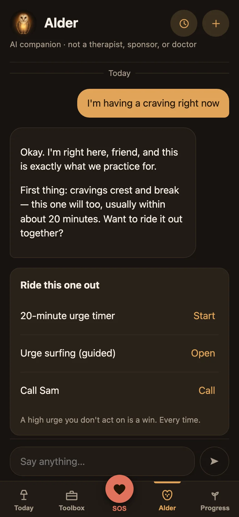 A conversation with Alder: the user says they are having a craving, and Alder answers that cravings crest and break, then offers a 20-minute timer, guided urge surfing, or calling Sam