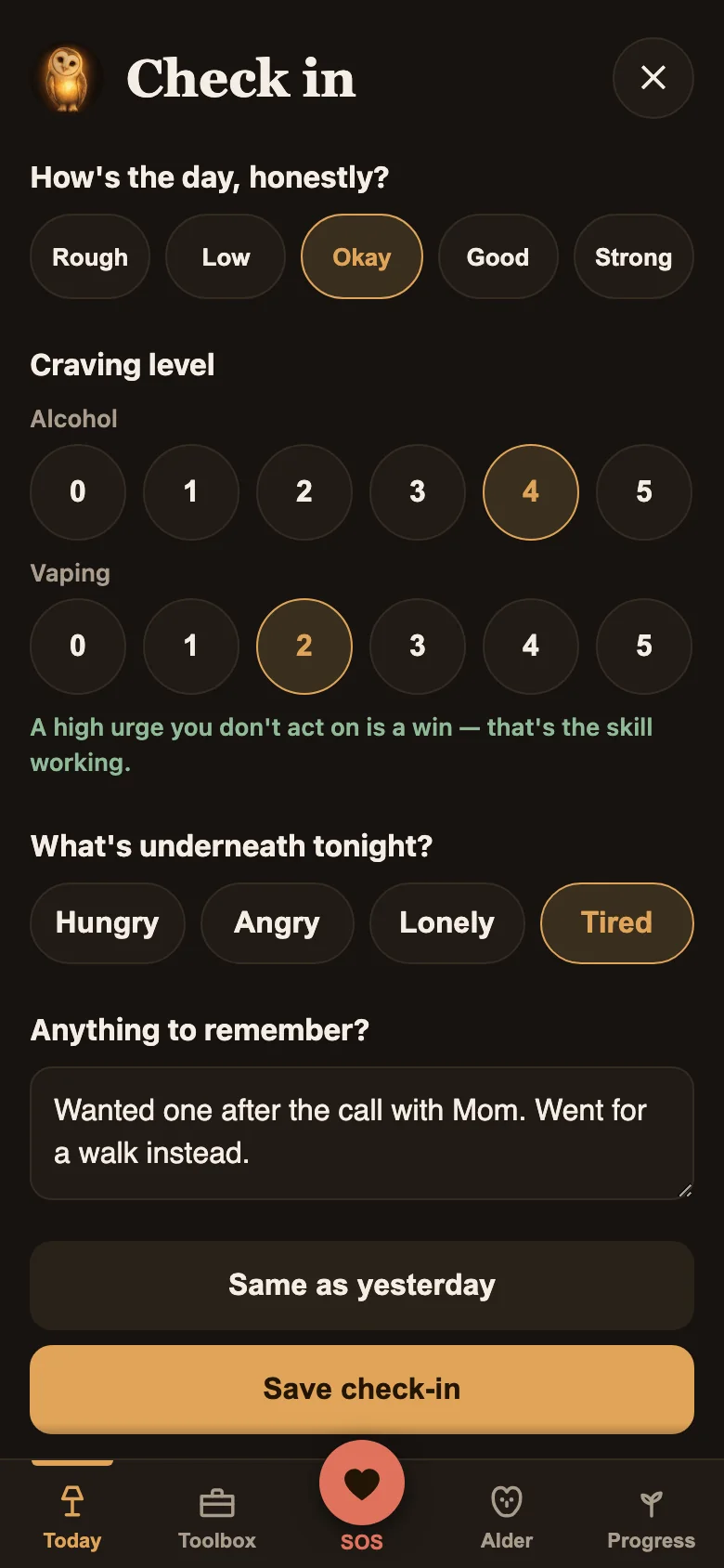 Alder's daily check-in, filled in — how the day went, craving level per target, what's underneath it, and one line to remember