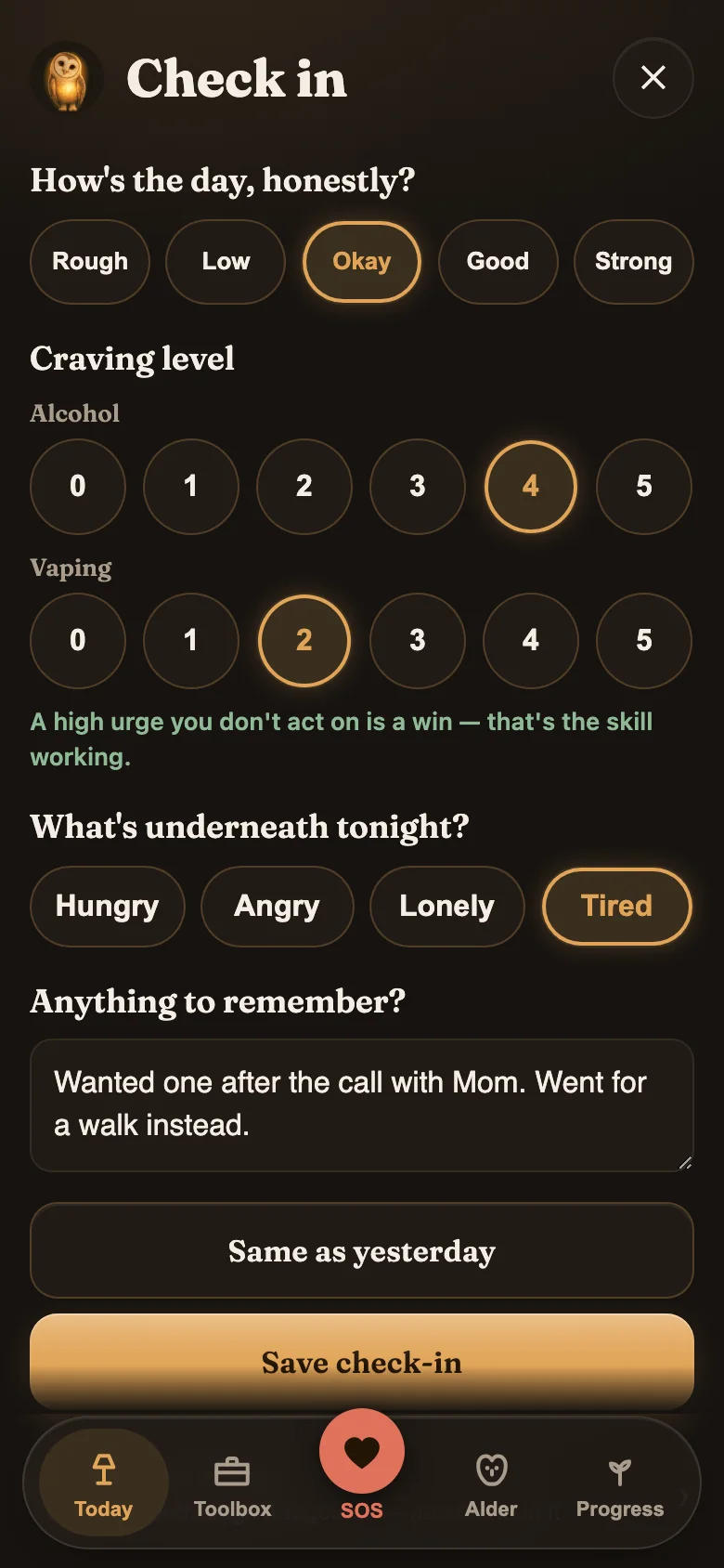 Alder's daily check-in, filled in — how the day went, craving level per target, what's underneath it, one line to remember, and the Save check-in button