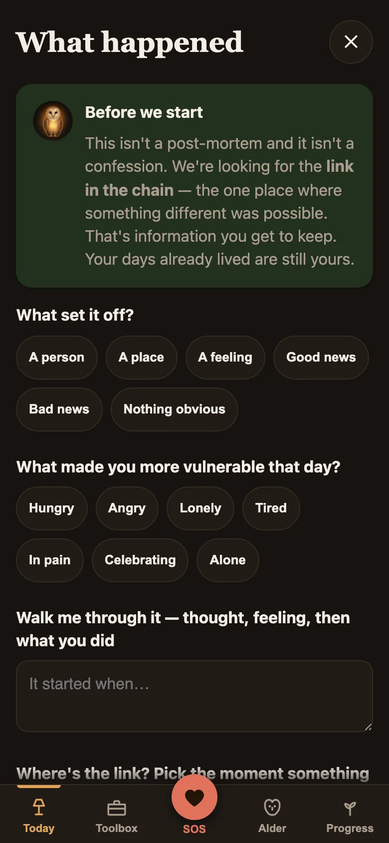 Alder's relapse debrief, headed "What happened": a note that this is not a post-mortem or a confession but a search for the link in the chain, then questions about what set it off and what made the day harder