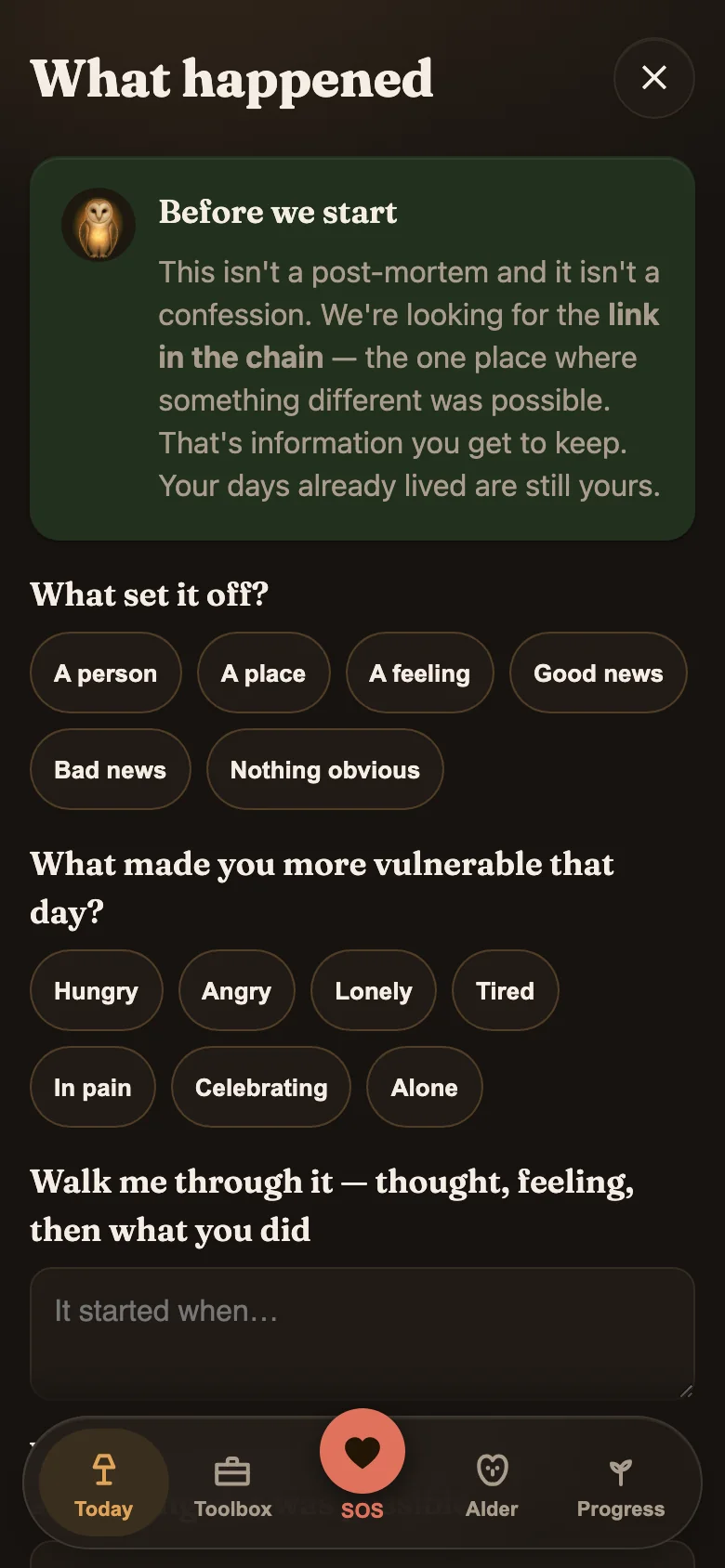 Alder's relapse debrief, headed "What happened": a note that this is not a post-mortem or a confession but a search for the link in the chain, then questions about what set it off and what made the day harder