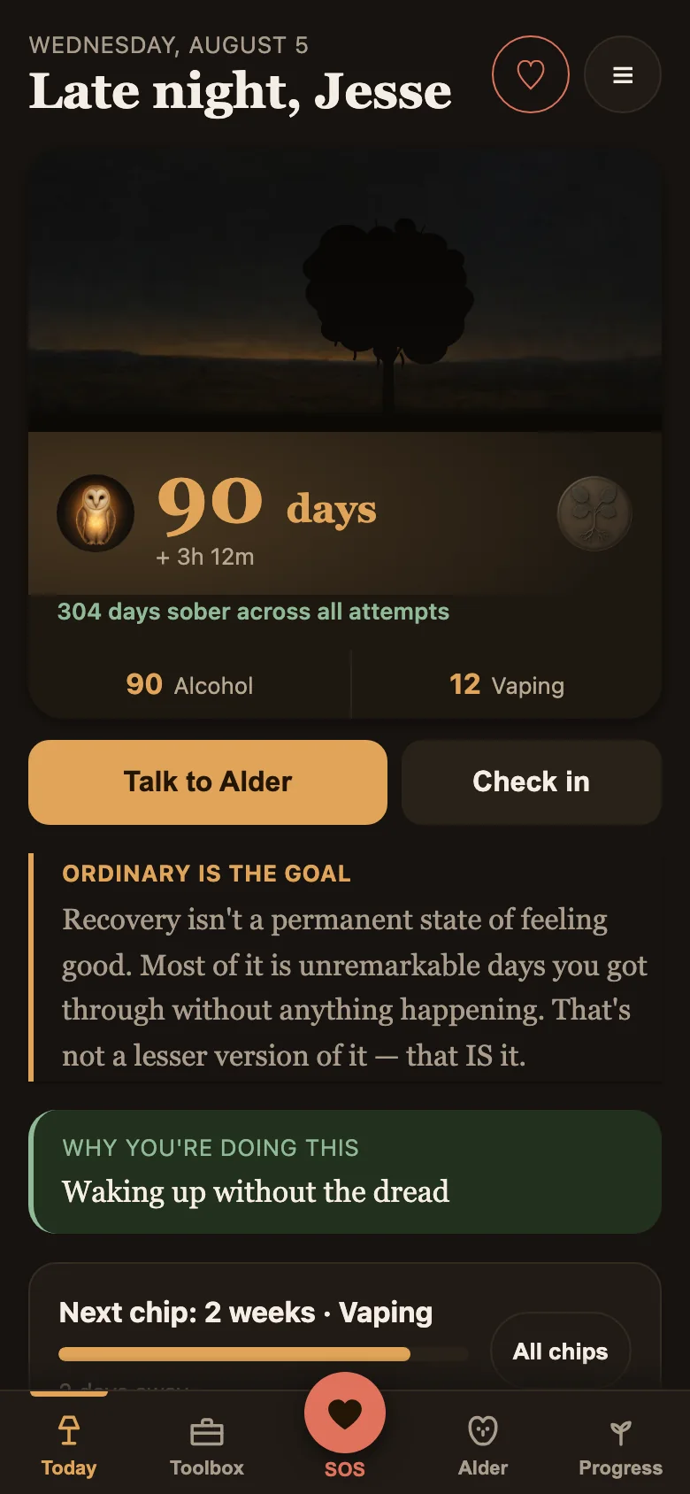 Alder's Today screen with an alder tree, a 90-day sober count, per-target counts, and the next milestone