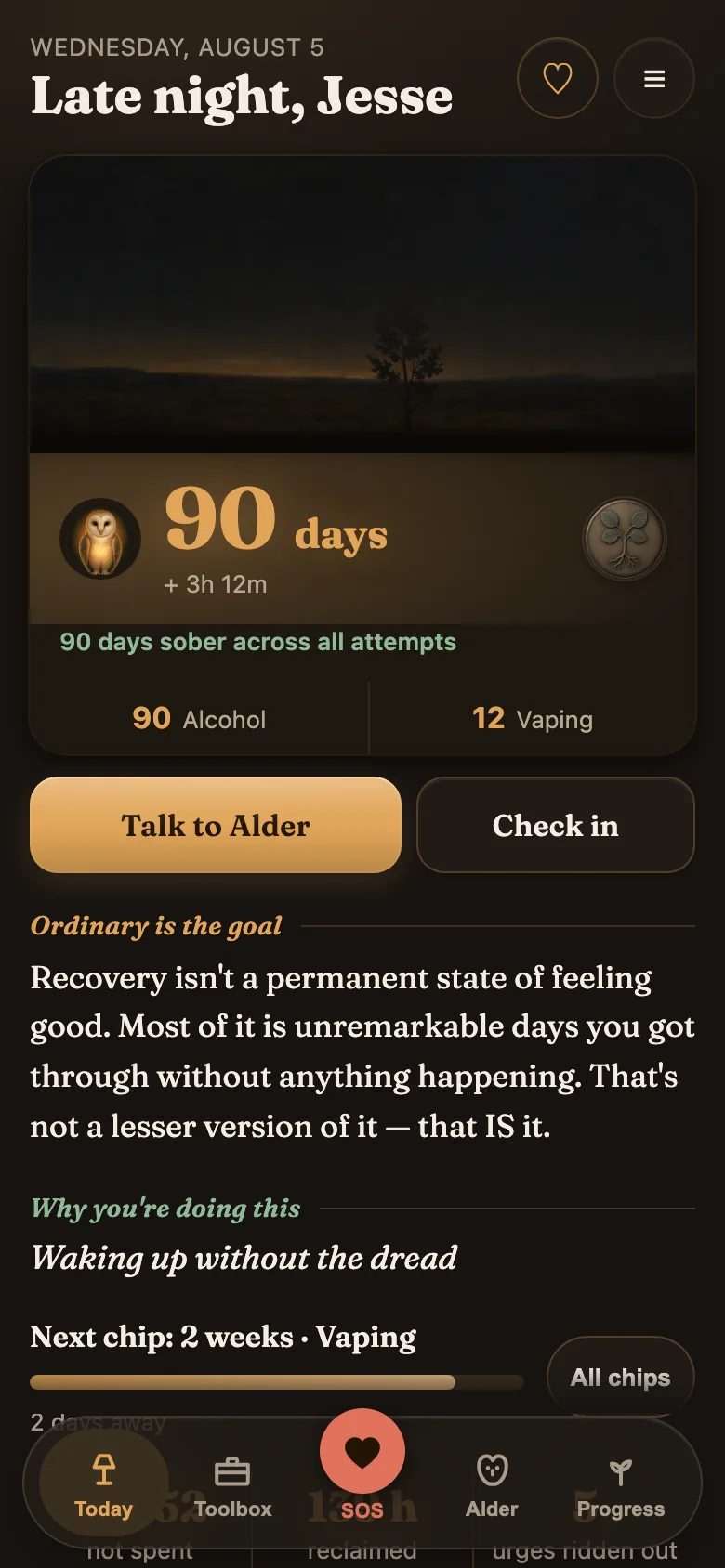 Alder's Today screen at late night: a painted tree under a dark sky, 90 days plus 3 hours 12 minutes, 90 days sober across all attempts, per-target counts of 90 for alcohol and 12 for vaping, Talk to Alder and Check in buttons, and the next chip, two weeks for Vaping, two days away