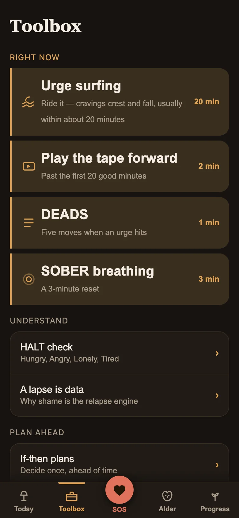 Alder's toolbox of short practical things to do during an urge, each labelled with how long it takes
