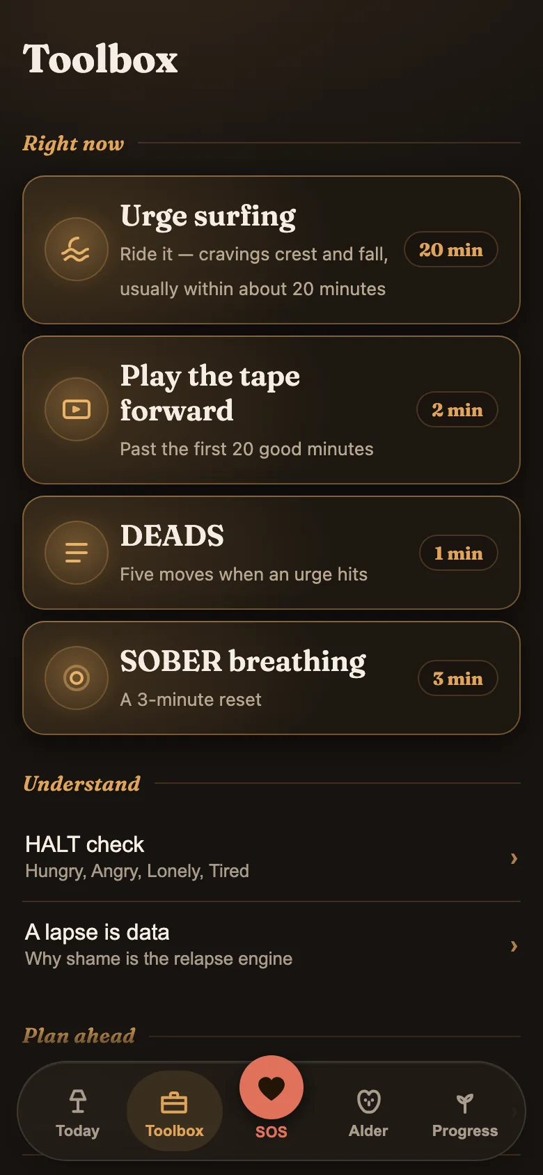 Alder's toolbox of short practical things to do during an urge — urge surfing, playing the tape forward, DEADS and SOBER breathing — each labeled with how long it takes