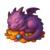 Hoardling, a small purple dragon asleep on a heap of gems and coins