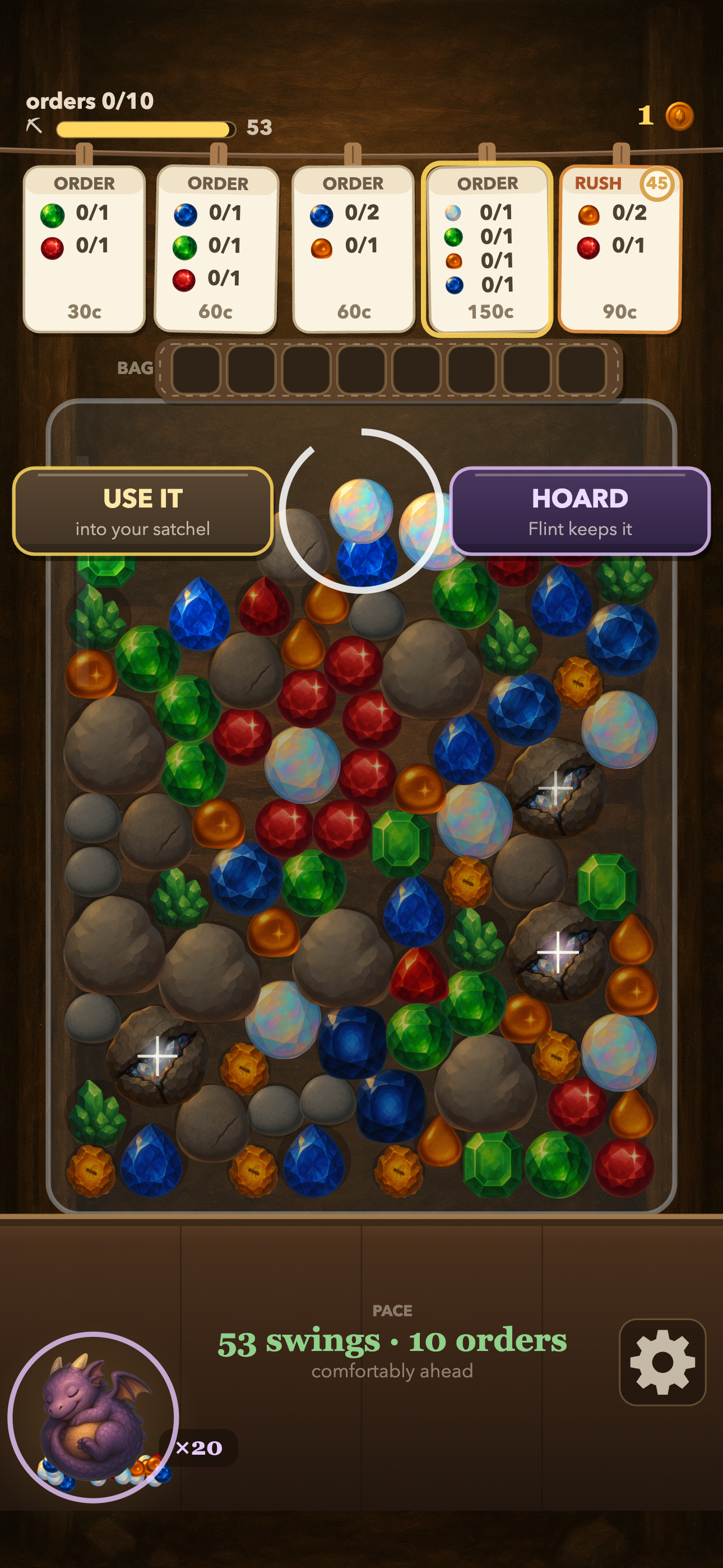 A rare prism choice: use it toward an order or let Flint keep it, with a visible countdown