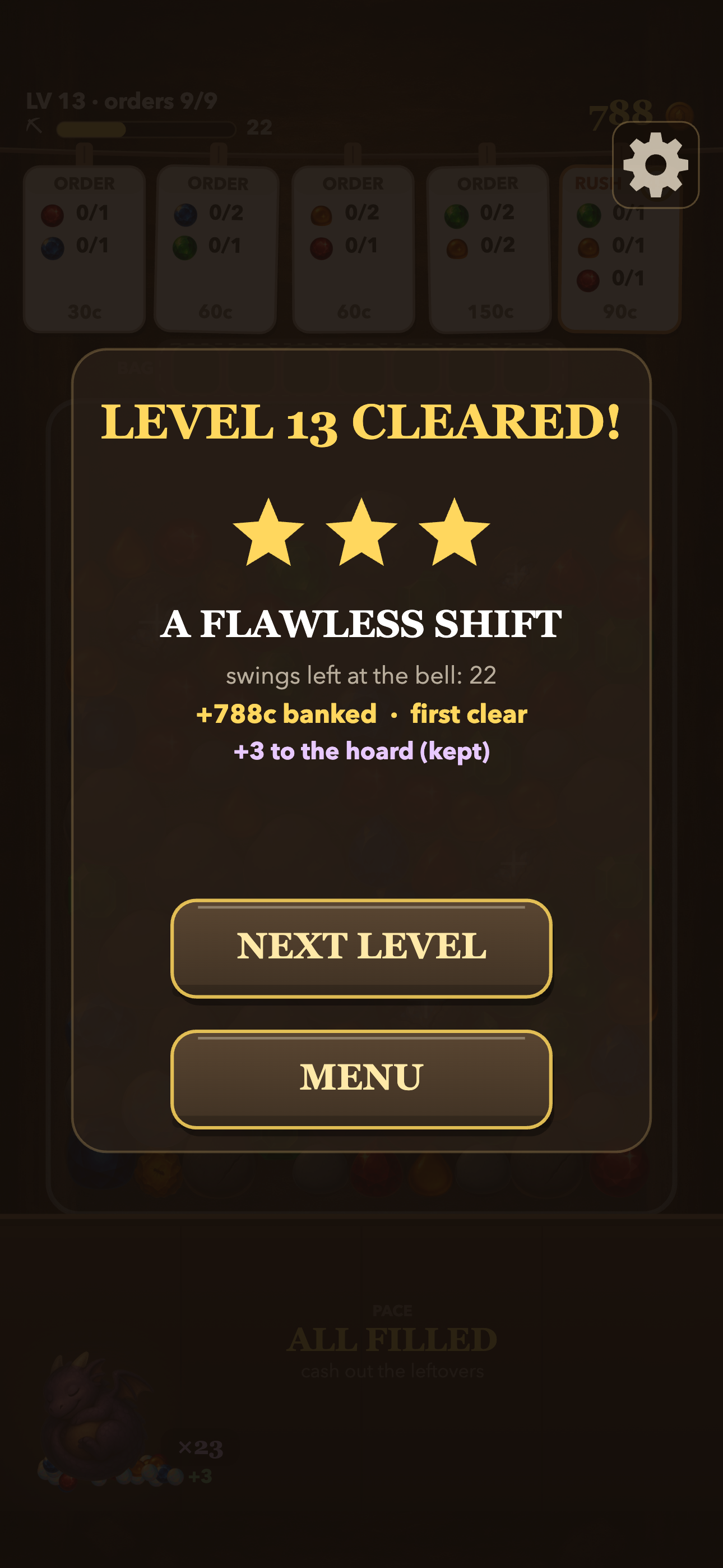 A level 13 result showing career stars and earned rewards; iPhone levels 11–40 require The Full Burrow purchase