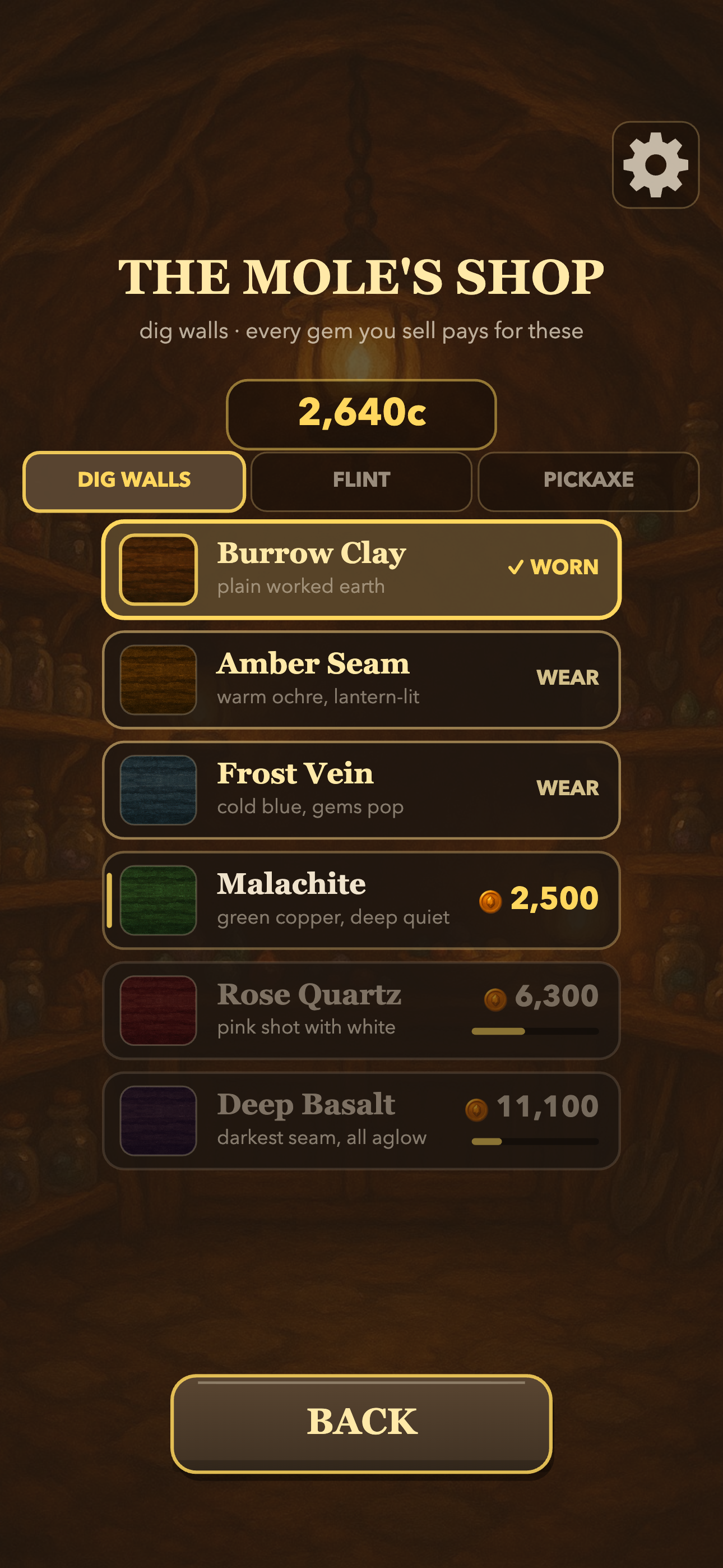 The mole's Dig Walls shop, with Flint and Pickaxe wardrobe tabs and wall prices in earned coins