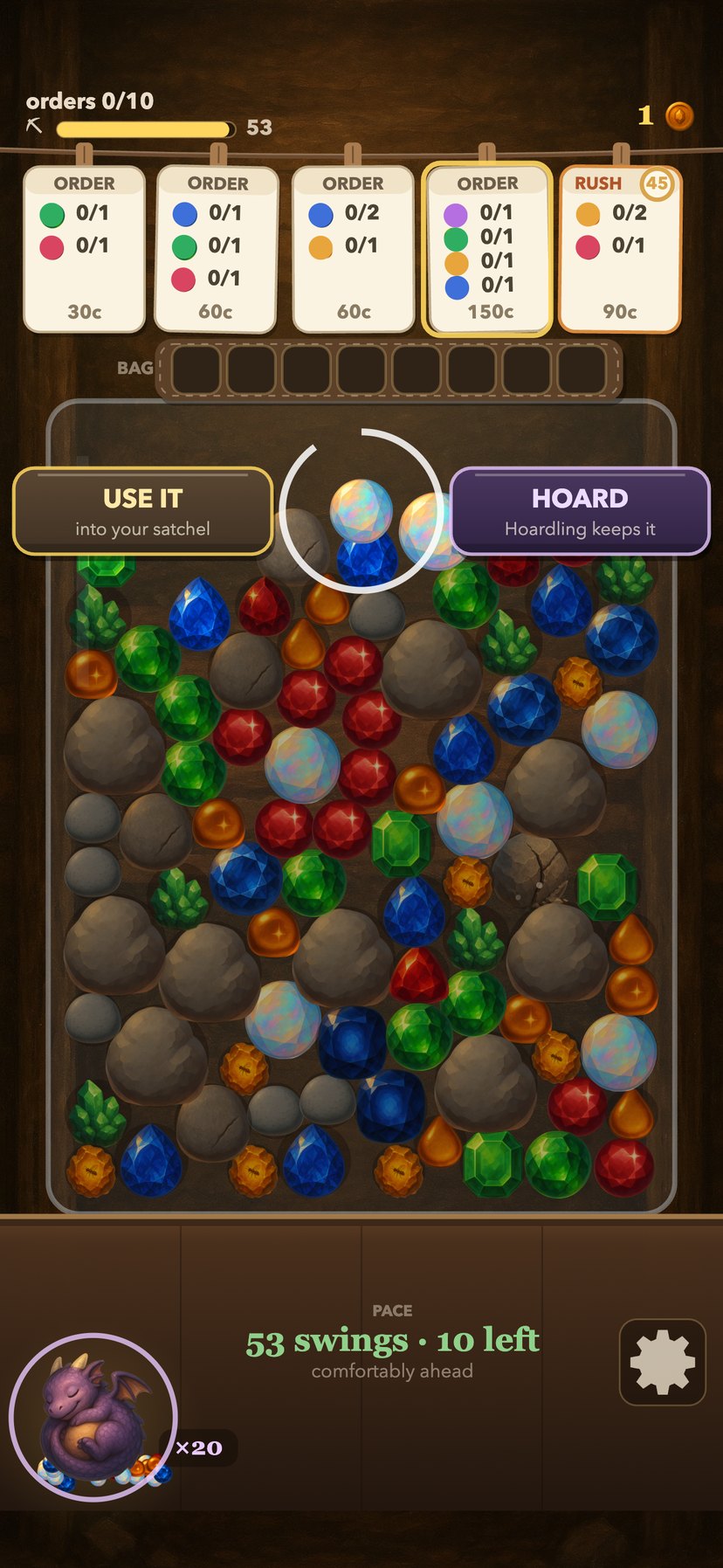 A prism has been unearthed and the game asks, on two labelled plates: use it on the glowing order, or hoard it for the dragon, with a countdown ring around the gem