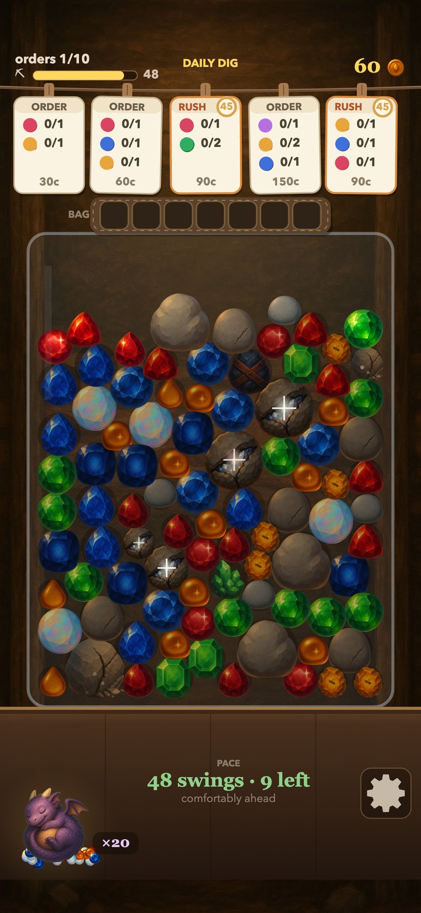 Gemburrow gameplay: five order cards pegged to a line above a glass jar packed with gems and rocks, a huge Heartstone buried near the bottom, and a sleeping dragon on the shop ledge