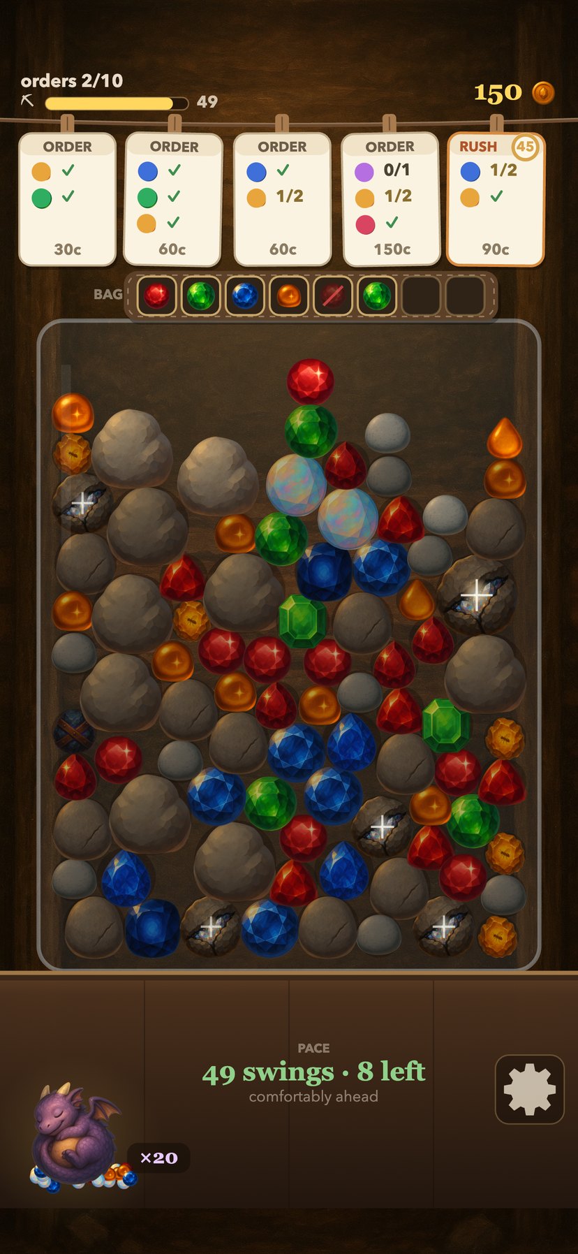 A career shift in progress: five order cards on the line, three gems in the satchel, 49 swings left on the pickaxe meter