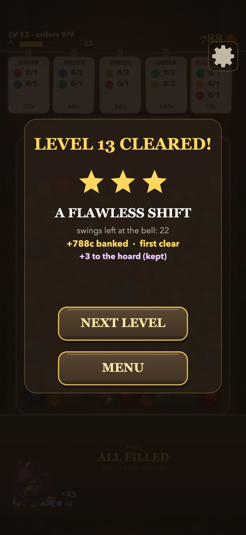 Level 13 cleared with three stars, eighteen swings left at the bell and 788 coins banked