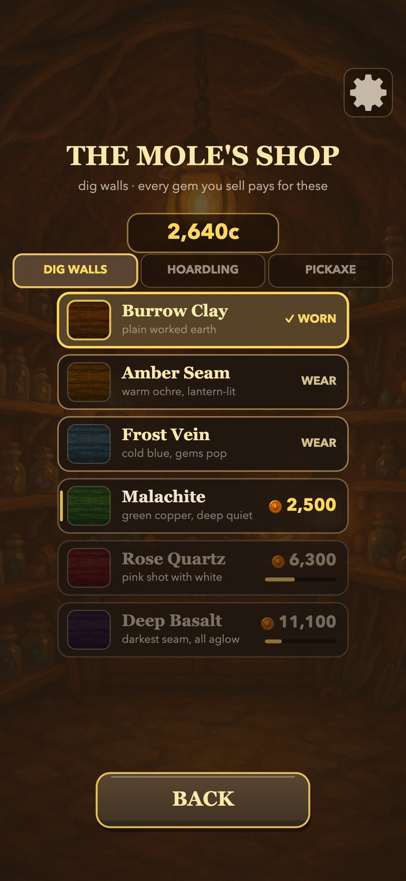 The mole's shop listing six dig walls: Burrow Clay, Amber Seam, Frost Vein, Malachite, Rose Quartz and Deep Basalt