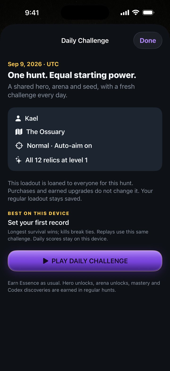 The Daily Challenge: today's shared loadout — Kael in The Ossuary on Normal with auto-aim and all 12 relics at level 1 — and a Play Daily Challenge button.