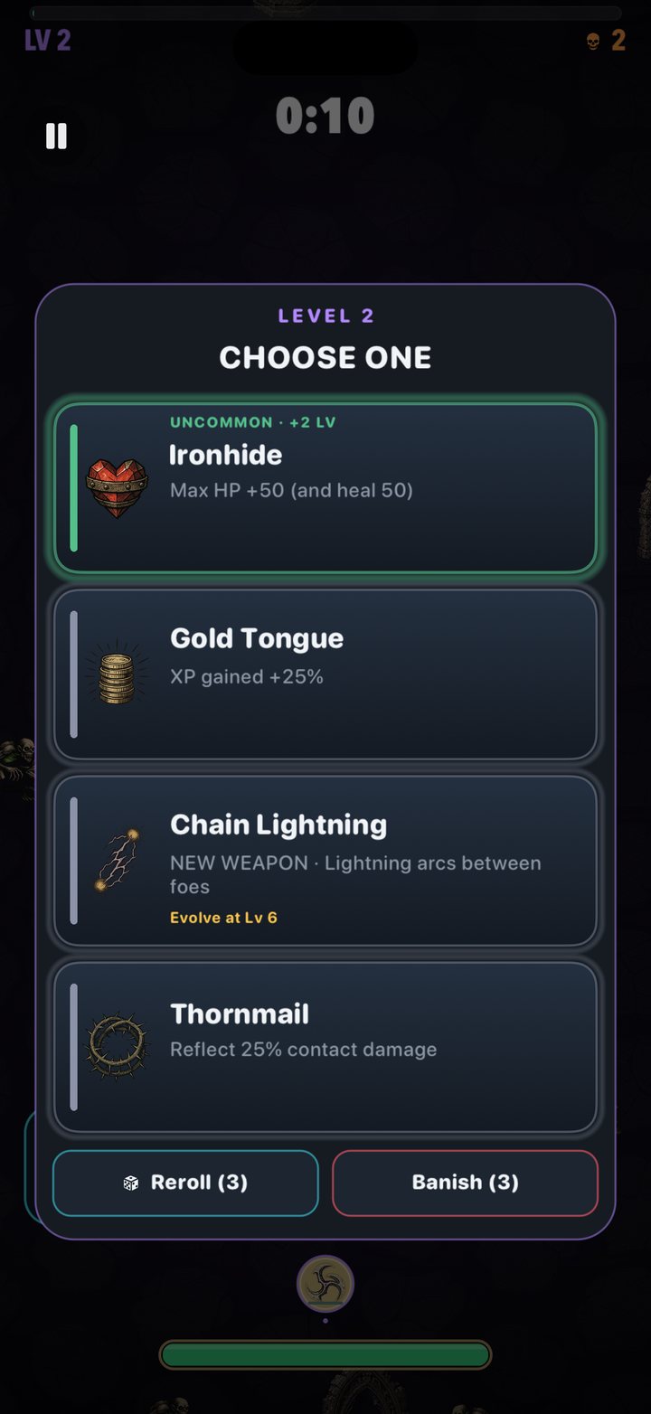 The level-up draft: Ironhide, Gold Tongue, a new Chain Lightning weapon with its Lv 6 evolution hint, and Thornmail, with Reroll and Banish.