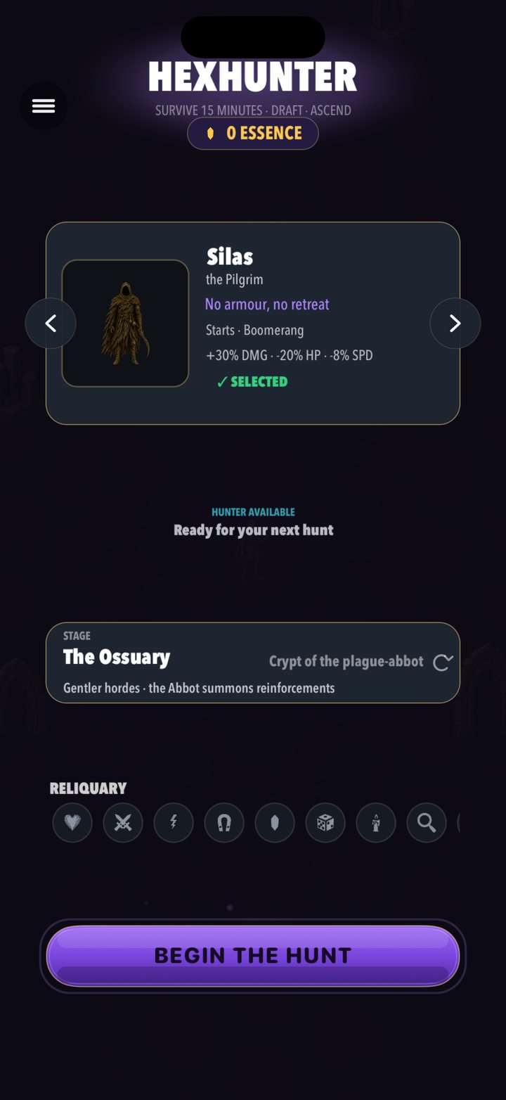 The hunter picker with Silas, the Pilgrim selected — a Boomerang start, +30% damage, less health and speed — and The Ossuary as the stage.