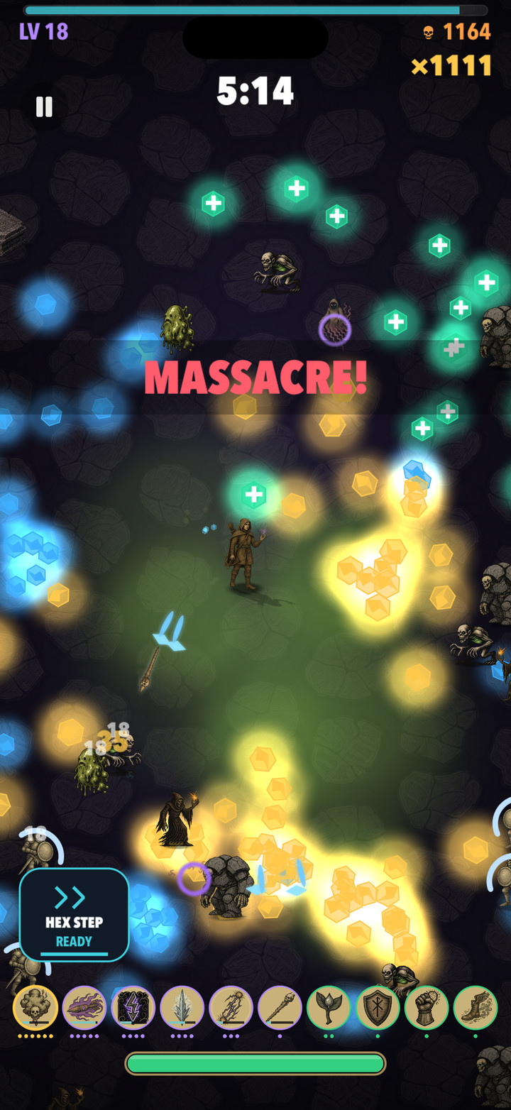 Vess moving between foes, glowing pickups and projectiles in the Ossuary.
