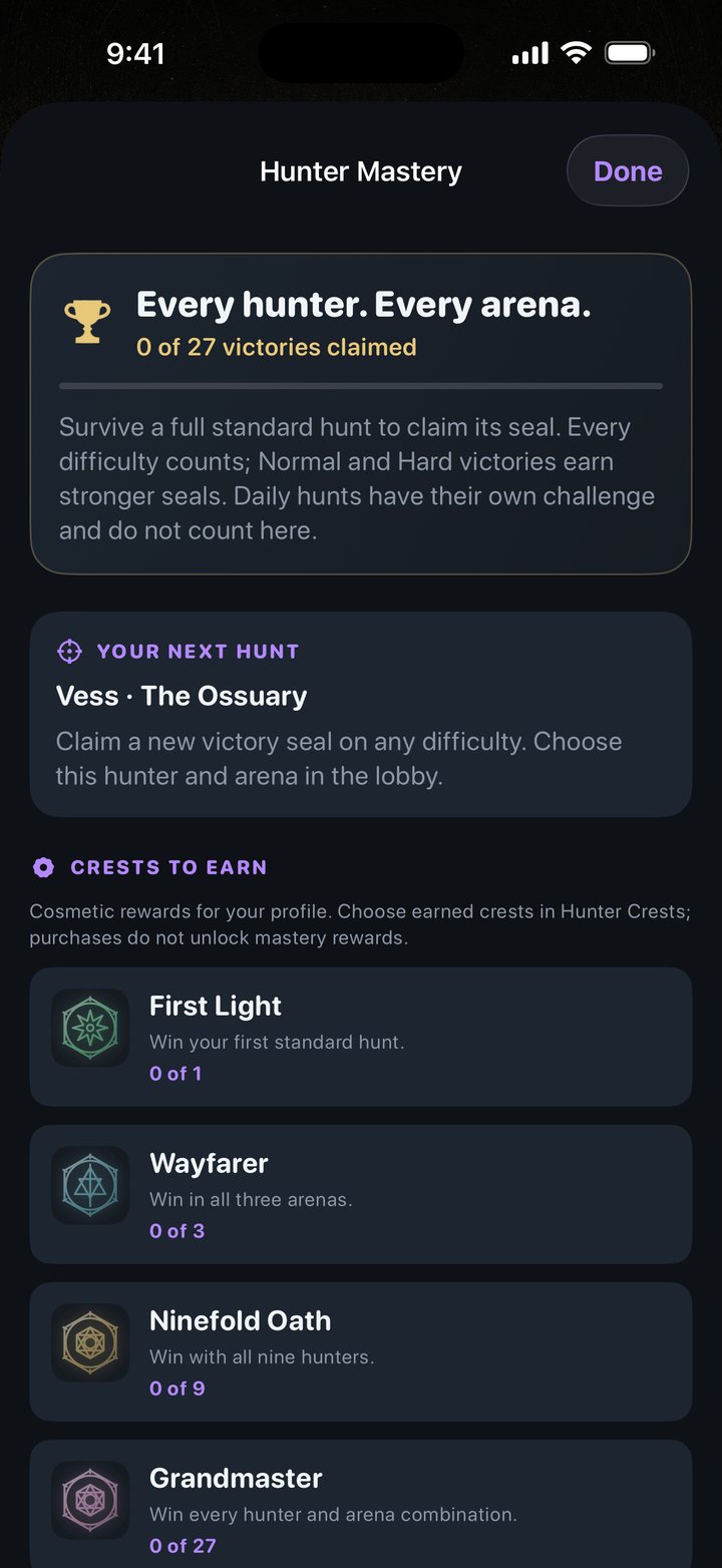 Hunter Mastery at the start of a save: 0 of 27 victories claimed, the next hunt to try, and the first four of the five crests to earn — First Light, Wayfarer, Ninefold Oath and Grandmaster, with Iron Resolve below them.