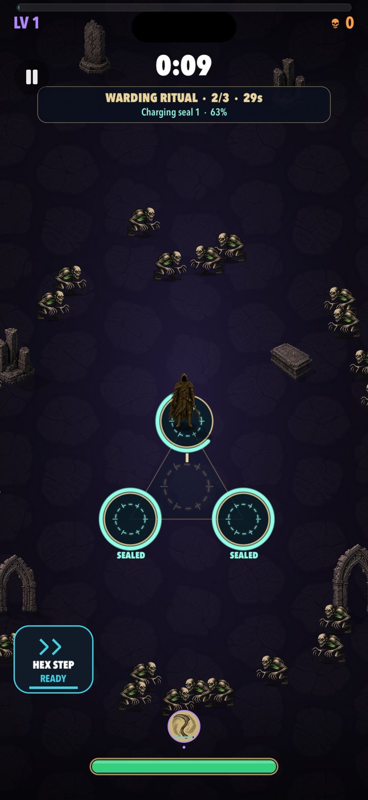 A Warding Ritual at 2 of 3: two seals marked SEALED while the hunter charges the last one.