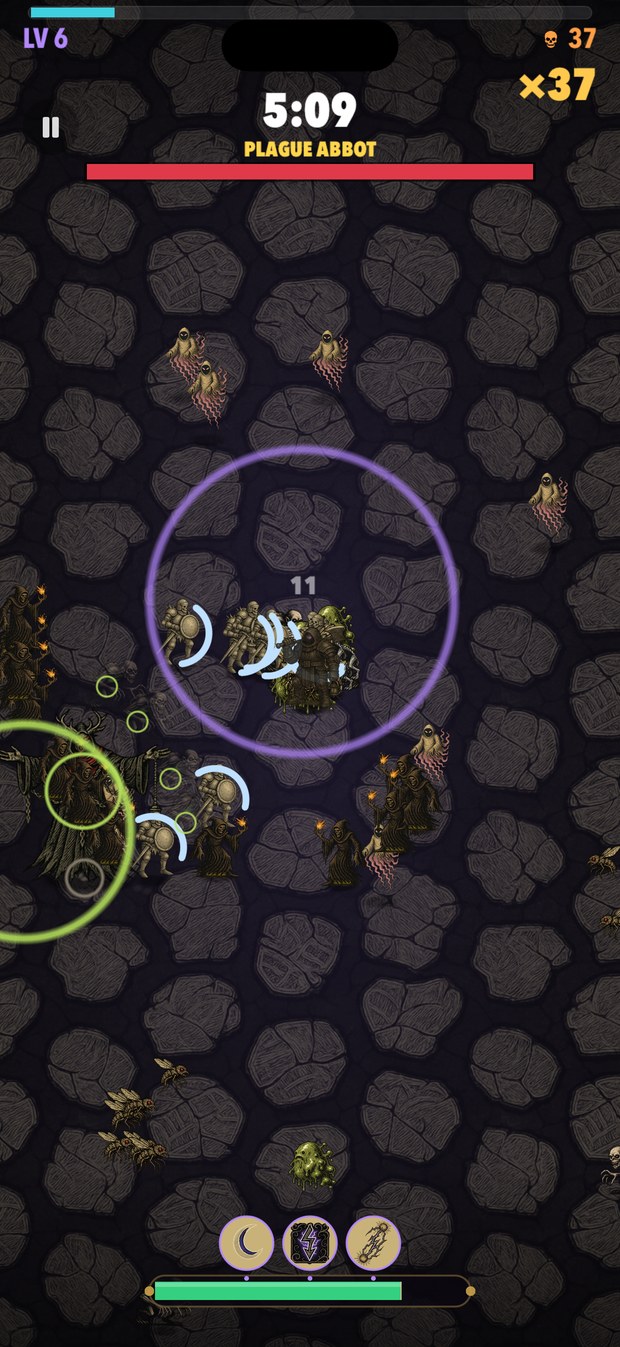 Boss fight against the Plague Abbot in the Ossuary at level 6, its named health bar full and red across the top of the screen, with hex rings bursting over the horde below