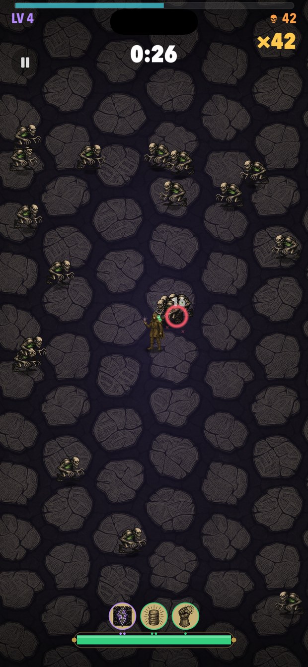 The hunter surrounded on the Ossuary floor at level 4, skeletons closing from every side with forty-two already slain.