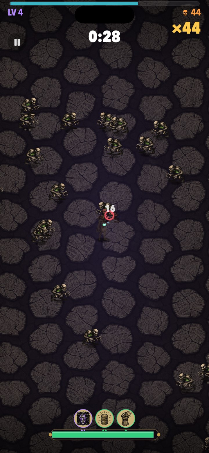 A hunter kiting across open ground with clear space around them as ghouls, bone hounds and cultists converge from every edge and hex rings burst on the horde at range
