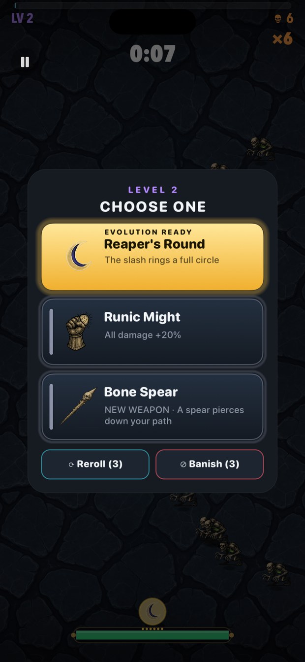 A level-up draft at level 2 — an EVOLUTION READY Reaper’s Round, the Runic Might passive at +20% damage, and Bone Spear as a new weapon, with Reroll and Banish beneath