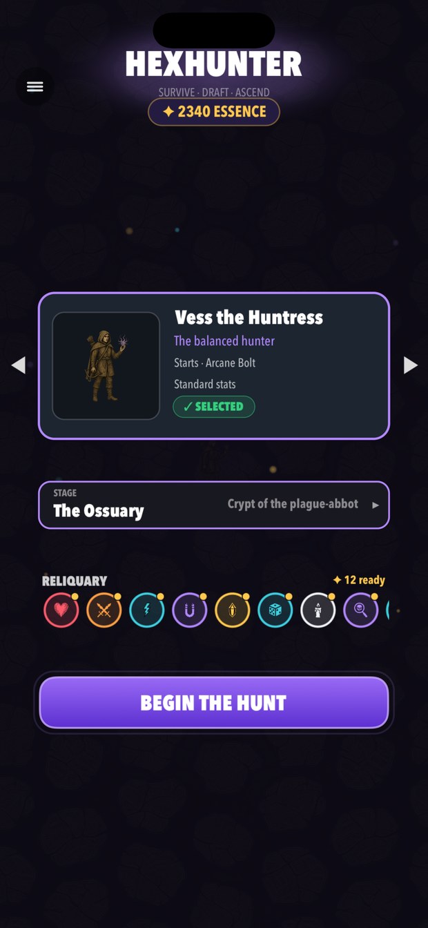 The loadout screen with Vess the Huntress selected and the Ossuary chosen as the stage