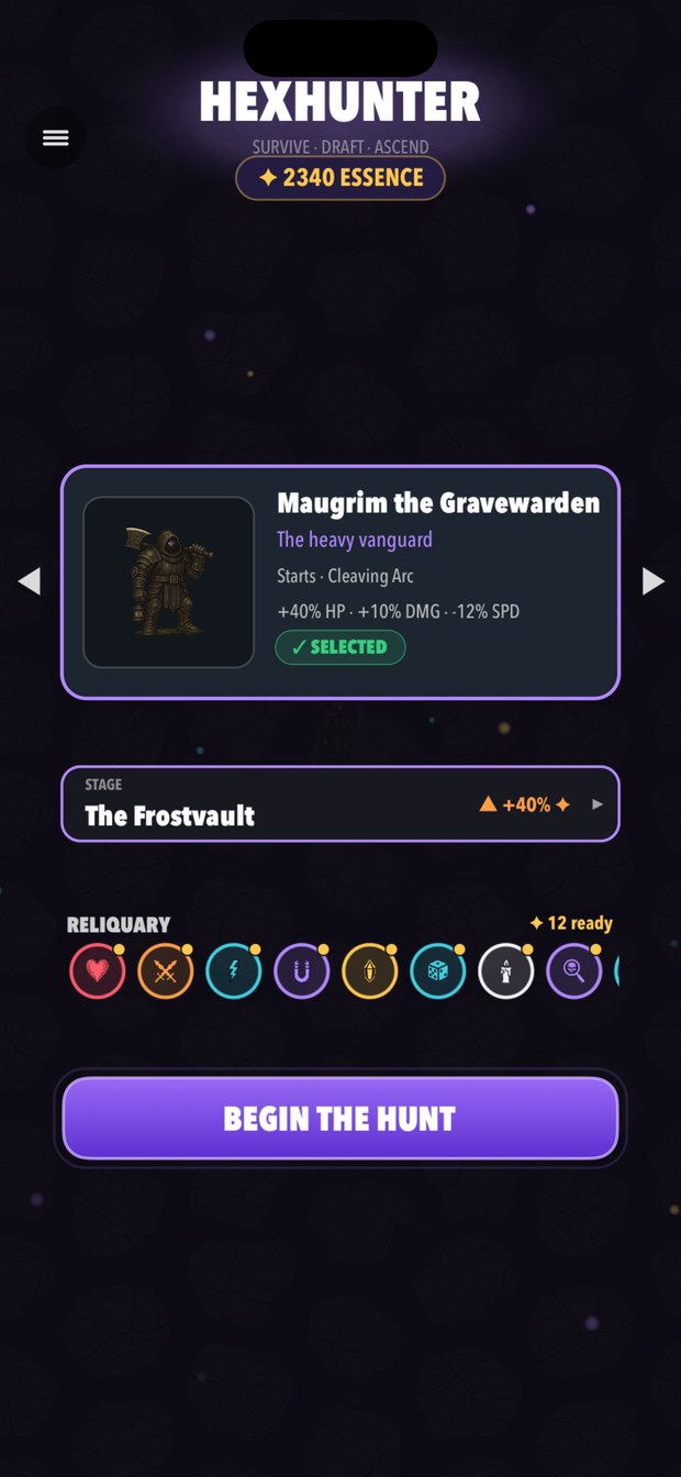 Stage selection on the loadout screen with the Frostvault chosen, showing a +40% essence bonus