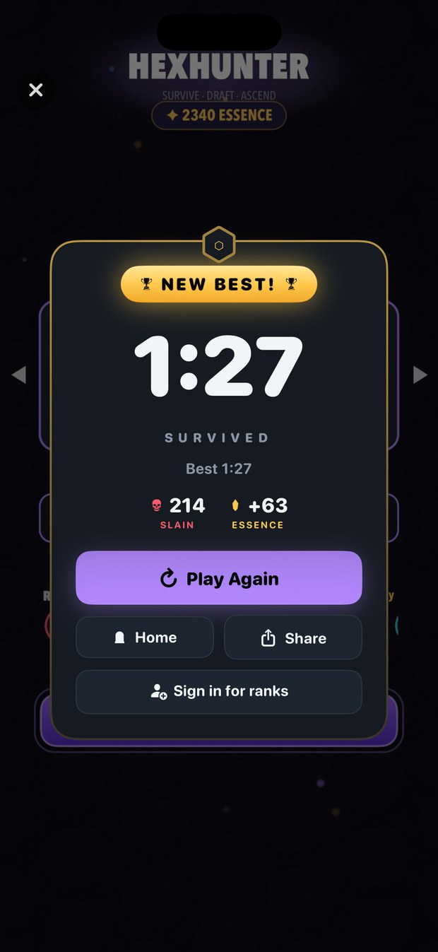 Run results — a new best of 1:27 survived, 214 slain and 63 essence earned, with Play Again, Home and Share beneath.