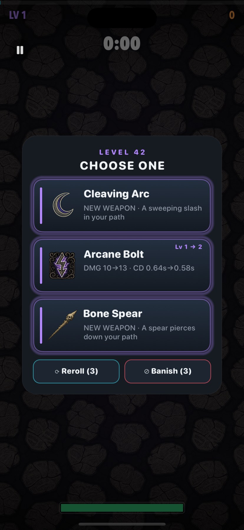Level-up draft offering Cleaving Arc, an Arcane Bolt upgrade, and Bone Spear