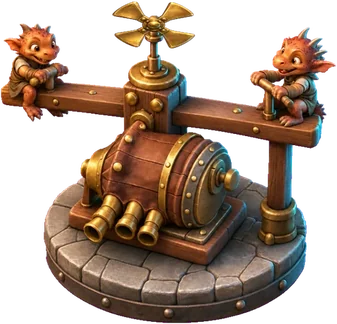 A brass bellows with a fan on top and two small helpers on a seesaw