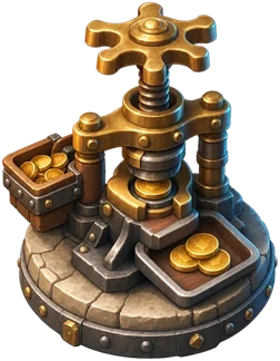 A brass screw press with trays of fresh coins