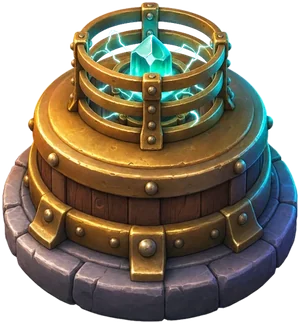 A brass-banded drum topped by a ring cage around a glowing teal crystal