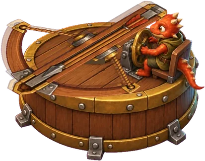 A wooden crossbow on a round turntable, worked by a small crewman