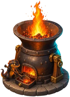 An iron furnace pot full of flame, stoked by a small helper