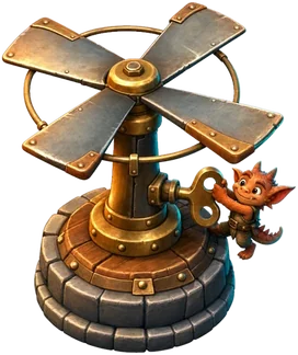 A four-bladed rotor on a brass post, wound by a small crewman