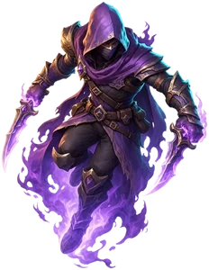 A hooded rogue wreathed in purple flame
