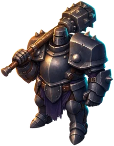 A knight in heavy plate armor with a spiked mace