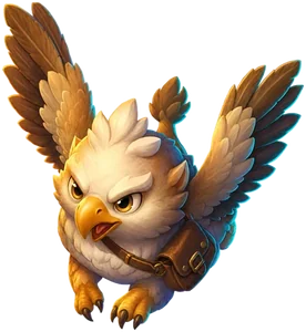 A feathered, griffin-like flyer carrying a satchel