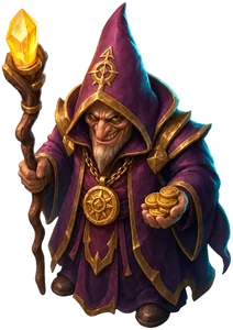 A robed cleric clutching coins and a crystal staff