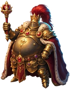 A crowned king in gilded armor holding a scepter