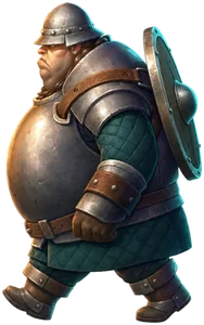 A stout armored man with a round shield