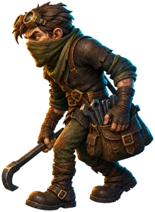 A masked, goggled thief with a crowbar
