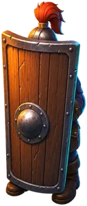 A raider hidden behind a tall wooden pavise