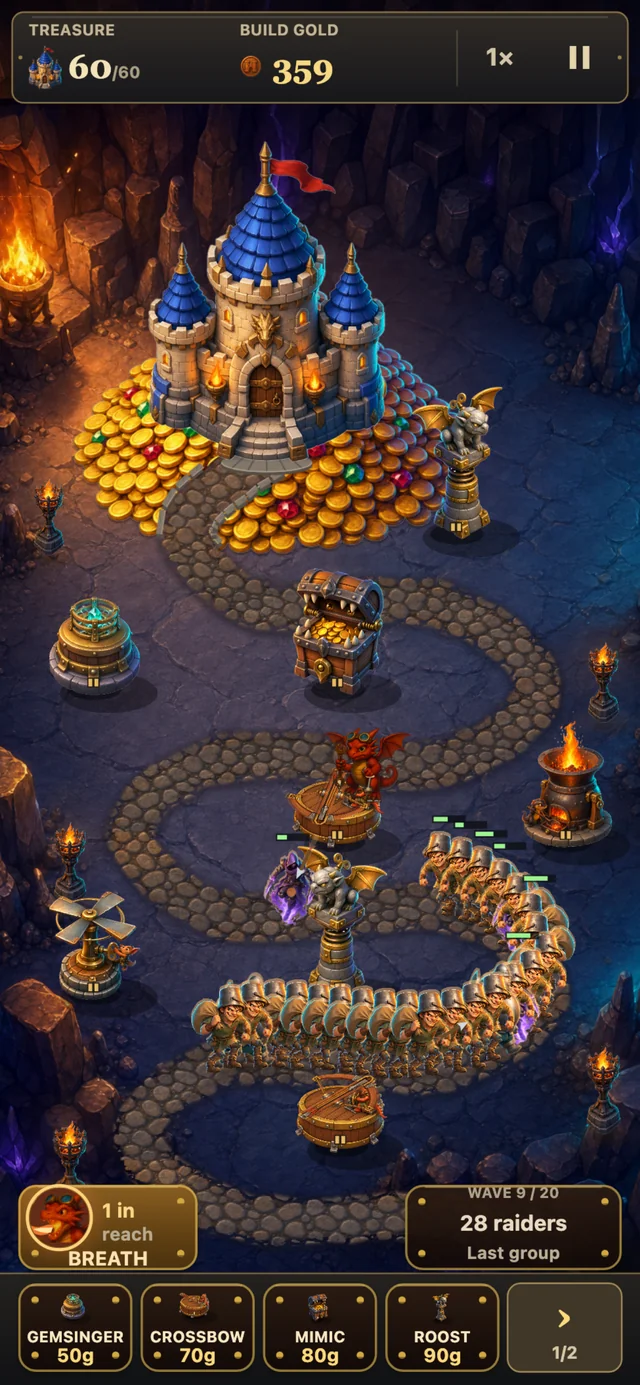 Wave 9 of 20 on The Coldroot Stair: a long column of helmeted raiders and a hooded figure in purple flame wind up a cobbled road below a blue-roofed castle on a heap of gold, past crossbows, gargoyle statues, a toothed treasure chest, a fire brazier, a propeller machine and a crystal drum, while a small red dragon crews a crossbow in the middle. Treasure reads 60 of 60, and the machine bar names each machine with its price.