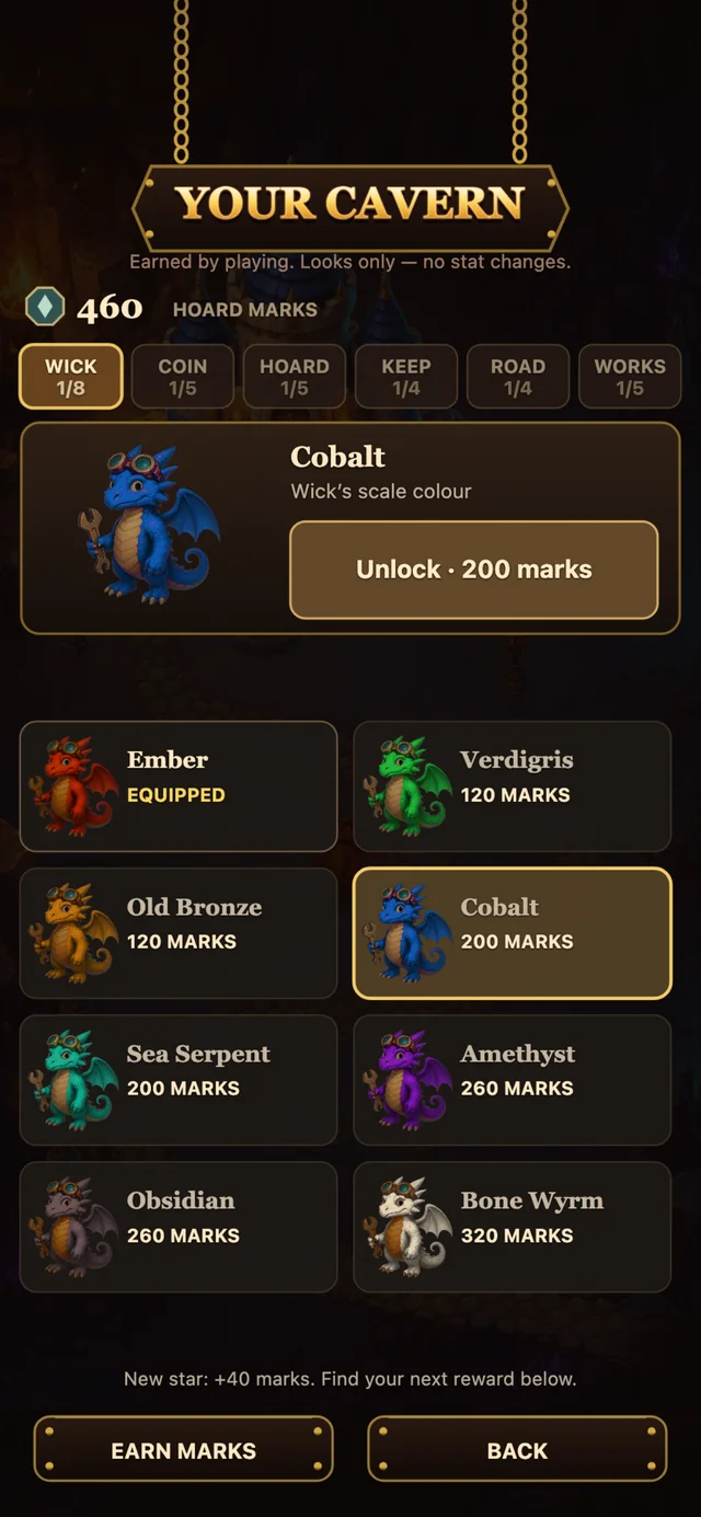 The Your Cavern sign hangs over a preview of Cobalt, a blue coat for Wick, with a button reading Unlock, 200 marks, above a grid of eight dragon colours, Ember equipped and the other seven priced in marks, and tabs for Wick, Coin, Hoard, Keep, Road and Works.